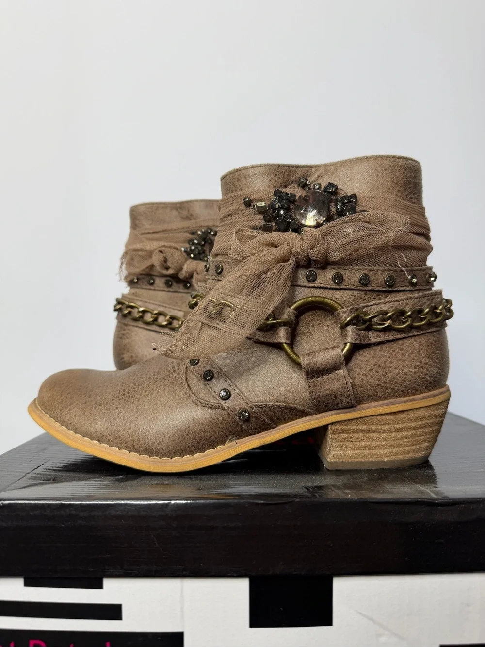 Not Rated Taupe Embellished Ankle Boots with Chain and Bow